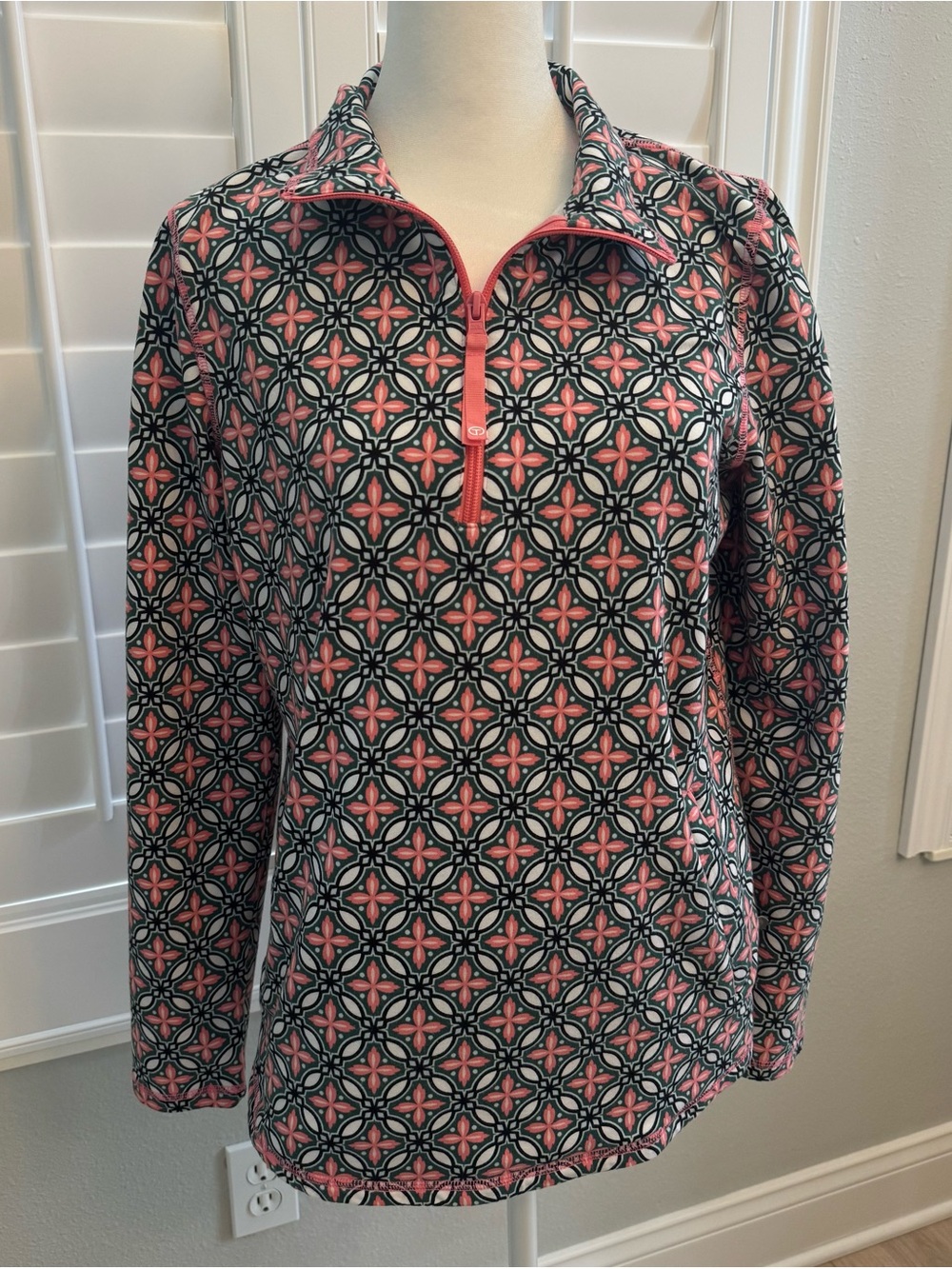 T by Talbots women’s Medium coral/green French terry knit 1/4 zip pullover top